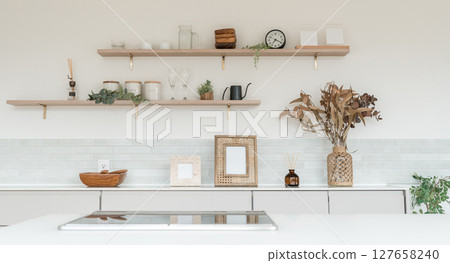 Stylish kitchen storage shelves, cupboards, kitchen cabinets 127658240