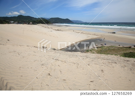 Sandy beach and blue sea Sandy beach and blue sea 127658269