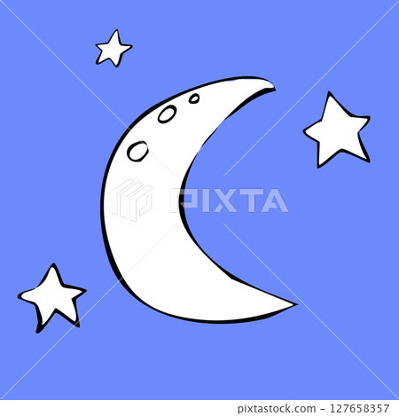 Hand-drawn illustration of the moon and stars in doodle style in black ink. Hand-drawn illustration of the moon and stars in doodle style in black ink. 127658357