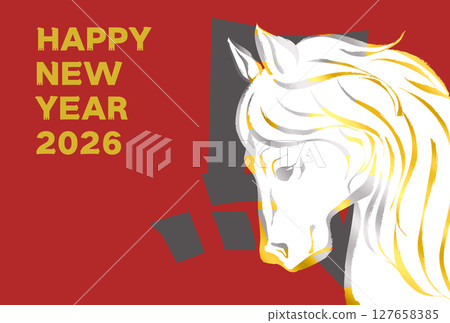 2026 Year of the Horse New Year's card material, golden brush-drawn horse illustration_horizontal 127658385