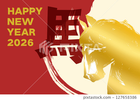 2026 Year of the Horse New Year's card material, golden brush-drawn horse illustration_horizontal 127658386