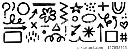 Arrow brush asterisk marker line shape set. Hand drawn brush stroke asterisk, arrow, squiggle shape with grunge texture. Abstract sketch paint elements for geometric background. Vector 127658513