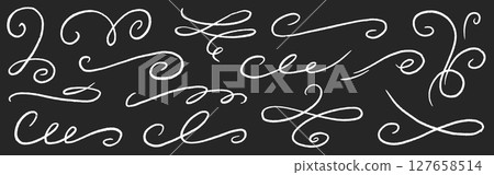 Chalk ornament flourish swirl calligraphy set. Hand drawn chalkboard divider, swirl curve, elegant banner and pencil frame menu. Flourish decoration, swoosh tail, vintage scroll. Vector 127658514