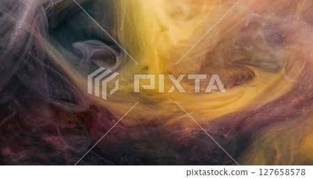 Smoke splash. Steam flow. Black yellow golden pigment dissolve in water. Glitter abstract ink blend grunge color cloud blur background. 127658578