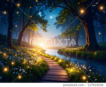 森林河畔和螢火蟲光的插圖背景素材 森林河畔和螢火蟲光的插圖背景素材 127658586