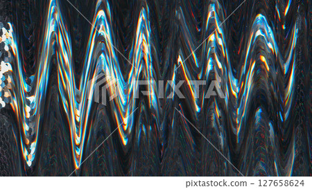 Damaged display. Digital distortion. Screen glitch wave artifact noise texture visual interference on abstract dark black background. Damaged display. Digital distortion. Screen glitch wave artifact noise texture visual interference on abstract dark black background. 127658624