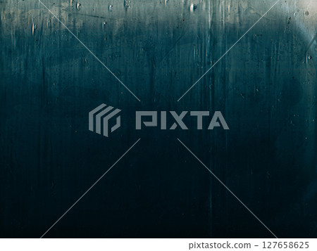 Condensation texture. Dirty foil. Blue color dust scratches drops distressed weathered texture aged surface dark black grunge on abstract background. 127658625