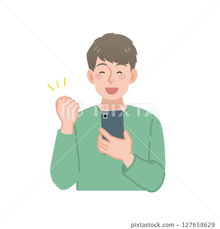 一名男子一邊握拳,一邊看著自己的智慧型手機螢幕 一名男子一邊握拳,一邊看著自己的智慧型手機螢幕 127658629