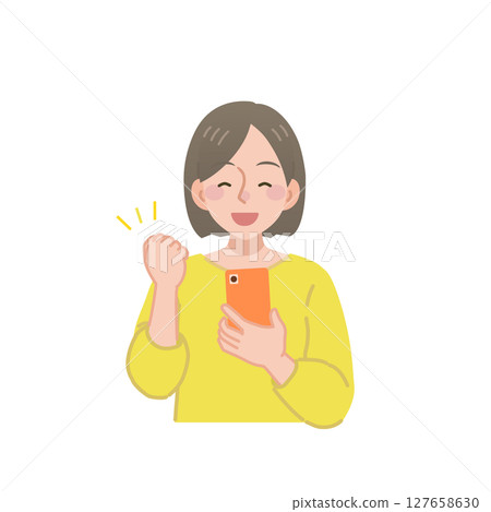 一位女士一邊握拳,一邊看著智慧型手機螢幕 一位女士一邊握拳,一邊看著智慧型手機螢幕 127658630