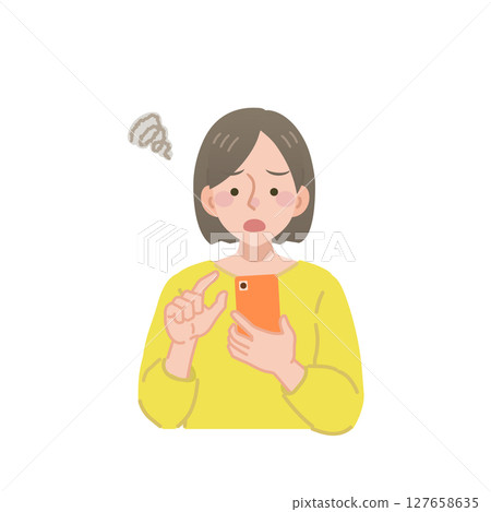 看著智能手機屏幕有麻煩的女人 看著智能手機屏幕有麻煩的女人 127658635