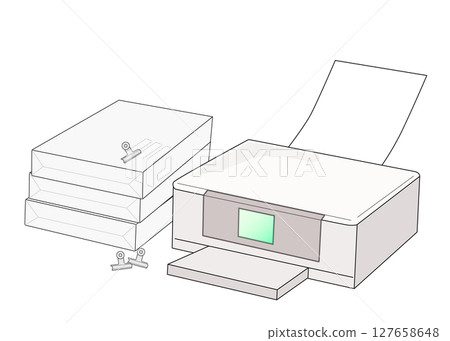 白色印表機和 A4 尺寸列印紙的插圖 白色印表機和 A4 尺寸列印紙的插圖 127658648