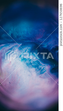 Shimmering mix. Defocused acrylic stream. Blue white color glitter emulsion flow on bokeh round frame. Enamel purple paint swirl abstract background. 127658696