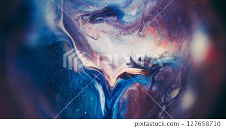 Shiny blend. Blur paint water. Blue orange purple color sparkling liquid stream leak in defocused frame. Marble swirl abstract background. 127658710