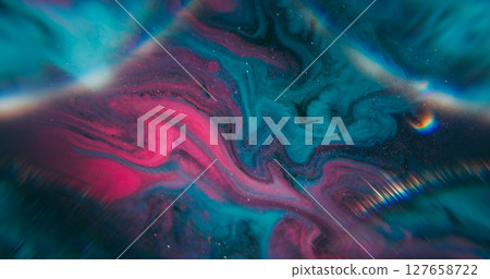 Pigment wave. Defocused paint texture. Diamond arch lens glow spectrum color frame abstract background. Pink red turquoise black glitter liquid. 127658722