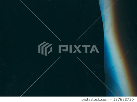 Aged foil texture. Light flare. Blue orange color glow wave scratch stripes defect broken glass texture dark black art abstract background. 127658730