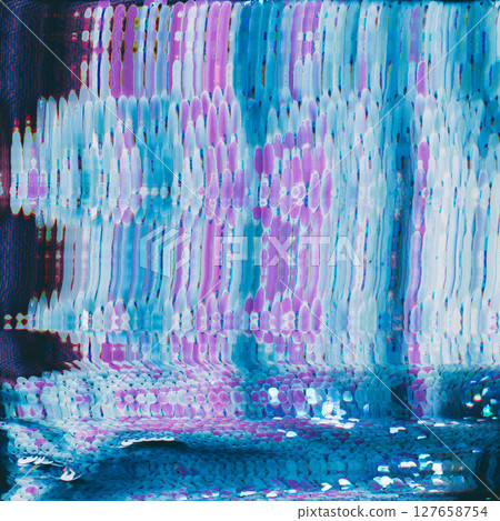 Glitch noise. Vibration overlay. Black display glitch surface with blue purple white smearing glowing scale ornament on dark background. Glitch noise. Vibration overlay. Black display glitch surface with blue purple white smearing glowing scale ornament on dark background. 127658754