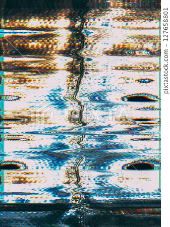 Damaged effect. Distortion noise. Blue orange white black color frequency error static curve lines artifacts texture art abstract background. 127658801