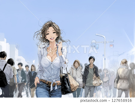 夏日早晨通勤場景商務女性插畫素材 夏日早晨通勤場景商務女性插畫素材 127658916