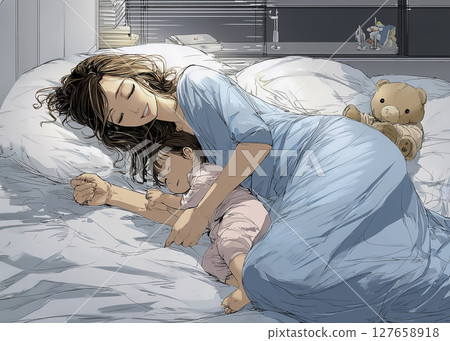 一位母親和她的嬰兒一起睡覺的插圖素材 一位母親和她的嬰兒一起睡覺的插圖素材 127658918