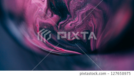 Shiny blend. Blur paint water. Purple black color sparkling liquid stream leak in round frame. Defocused enamel swirl abstract background. 127658975