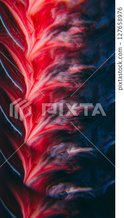 Fractal flow ink. Prism fluid. Colorful shimmering fragmented liquid leak pattern abstract background. Black red fantasy paint mix. 127658976