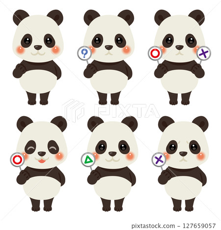 熊貓人物插畫集合拿著圓形、圓形、三角形或三角形的卡片，沒有眼白 127659057