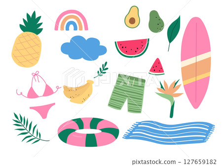 Vector illustration of tropical fruits and swimming supplies. 127659182