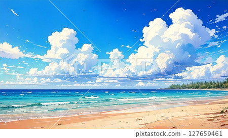 廣闊的盛夏天空、沙灘與大海、動漫風格、水彩手繪風格、背景素材、AI 生成素材 廣闊的盛夏天空、沙灘與大海、動漫風格、水彩手繪風格、背景素材、AI 生成素材 127659461
