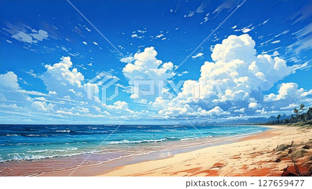 Vast midsummer sky, sandy beach and sea, anime touch, watercolor hand-drawn style, background material, AI-generated material 127659477