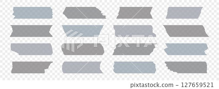 Grey adhesive tapes collection. Torn duct tape pieces set. strip. Plastic scotch stripes with torn jagged edges. Sticky masking paper for package wrap, blank tag, label, sticker, decoration. Vector 127659521