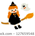 Cute illustration of a witch and ghost riding a broom 127659548