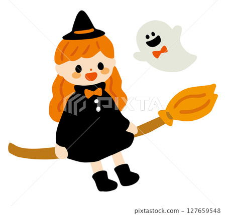 Cute illustration of a witch and ghost riding a broom 127659548