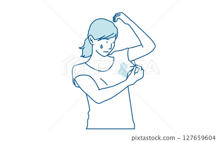 Illustration of a woman suffering from underarm sweating in a T-shirt 127659604