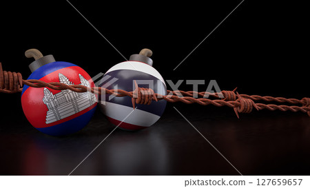 The Thailand and Cambodia flag on Bomb for crisis or war concept 3d Rendering. 127659657