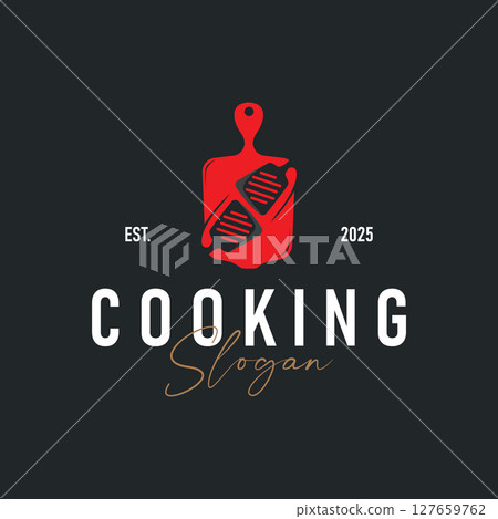 simple elegant silhouette concept design of cooking logo with chef hat icon, and cooking equipment silhouette symbol for restaurant, bar, cafe, catering business, template illustration for poster or simple elegant silhouette concept design of cooking logo with chef hat icon, and cooking equipment silhouette symbol for restaurant, bar, cafe, catering business, template illustration for poster or 127659762