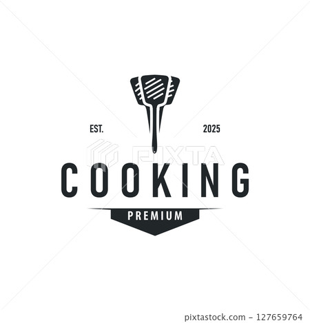 simple elegant silhouette concept design of cooking logo with chef hat icon, and cooking equipment silhouette symbol for restaurant, bar, cafe, catering business, template illustration for poster or 127659764