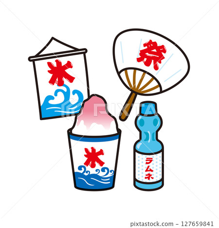 刨冰、波子汽水和扇子的插圖 刨冰、波子汽水和扇子的插圖 127659841