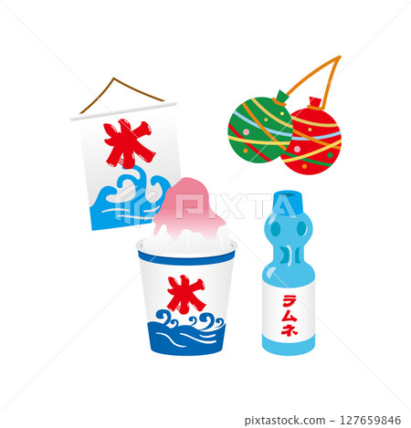 刨冰、彈珠汽水、悠悠球釣魚插畫 刨冰、彈珠汽水、悠悠球釣魚插畫 127659846
