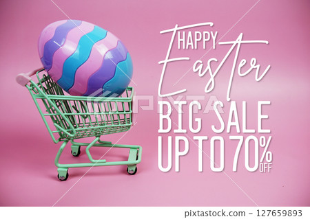Easter Sale 70% promotion with Easter Egg and trolley shopping cart decorations concept on pink background Easter Sale 70% promotion with Easter Egg and trolley shopping cart decorations concept on pink background 127659893