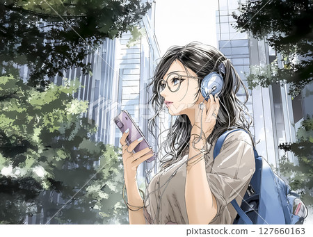 Illustration material of a businesswoman commuting to work while listening to music on her smartphone 127660163