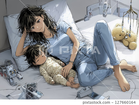 Illustration material of a mother sleeping with her baby 127660164