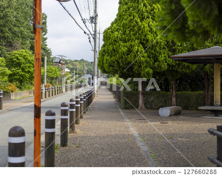 A road and a sidewalk separated by bollards 127660288