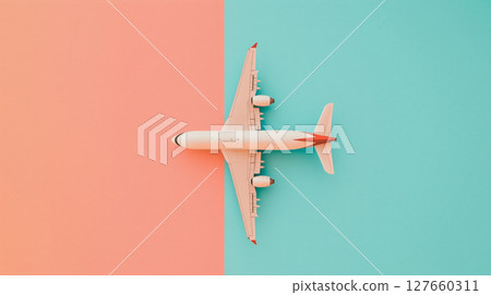 Airplane on split peach orange and teal background: minimalist top-down view 127660311