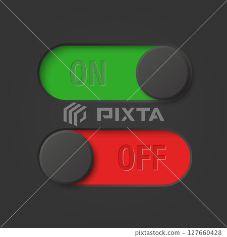 Vector Black Toggle Switch Set. Realistic Toggle Switch. On Off Button, Modern Toggle Switch for User Interface, App, Web, Settings, Technology. UI Element, Control Panel 127660428
