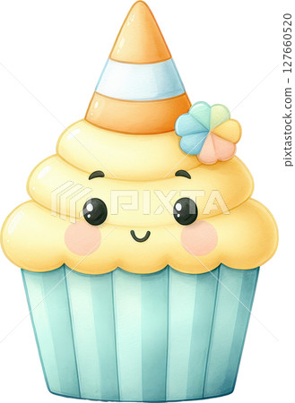 Whimsical and cheerful cupcake with a layered design pastel colors and festive for a birthday 127660520
