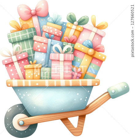 Colorful birthday gifts delivered in a wheelbarrow 127660521