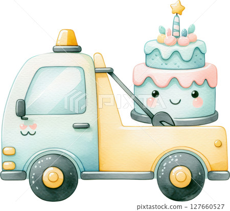 Colorful construction tow truck with birthday cake 127660527