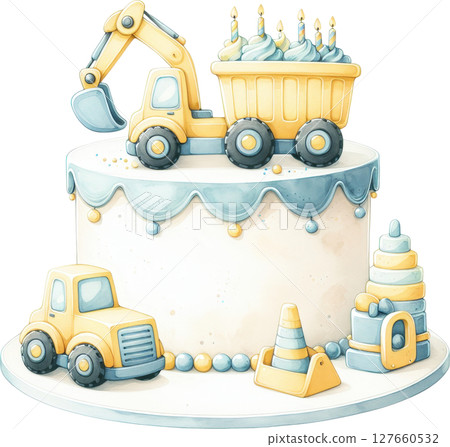 Construction themed birthday cake with vehicles Construction themed birthday cake with vehicles 127660532
