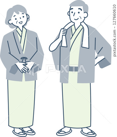 Senior women and men wearing yukata and haori at a ryokan 127660610