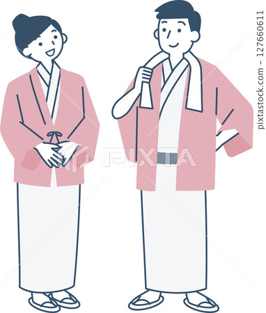 旅館裡穿著浴衣和羽織的男女 127660611